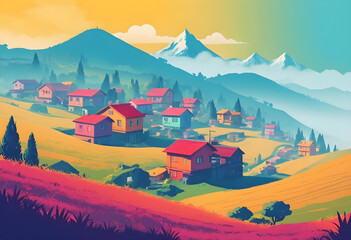 A landscape of a village with hills and mountains, hillside near the morning mist background illustration Generative ai