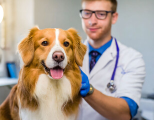 A happy and healthy-looking dog is in the foreground with a veterinary professional in the background; the image captures the positive atmosphere of a veterinary clinic