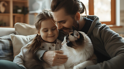 a full shot, a dad, a daughter, a ragdoll calico cat. Dad is sitting on the sofa in a modern livingroom with a wooden floor, dad is wearing a black shirt under the grey jacket holding a daughter  - obrazy, fototapety, plakaty