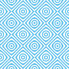 Simple and elegant geometric composition of concentric squares and circles in white and light blue. Abstract modern style design. Seamless repeating pattern. 