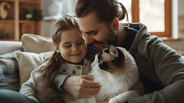 a full shot, a dad, a daughter, a ragdoll calico cat. Dad is sitting on the sofa in a modern livingroom with a wooden floor, dad is wearing a black shirt under the grey jacket holding a daughter 