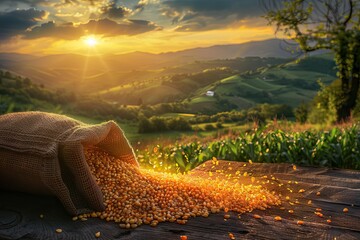 fresh corn cobs and dry seeds in bag on wooden table with green maize field on the background. Agriculture and harvest concept. AI generated illustration - obrazy, fototapety, plakaty