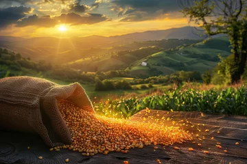 Foto op Plexiglas fresh corn cobs and dry seeds in bag on wooden table with green maize field on the background. Agriculture and harvest concept. AI generated illustration © Fatima