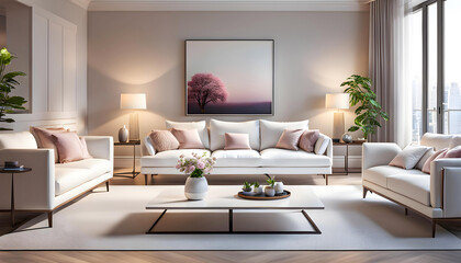 Interior of a modern bright living room with a white sofa, romantic light colors, lots of cute details creating a cozy atmosphere,