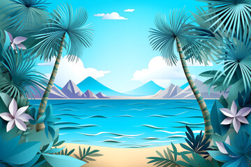 Fototapeta na wymiar Incredible bright tropical beach landscape with beautiful palm trees,bright sun,coastal waves,paper cut style,tourism concept,travel,beach holidays,spa industry,relaxation