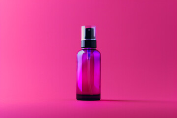 Obraz na płótnie Canvas A sleek skincare bottle in a bold geometric design on a magenta isolated solid background, emphasizing strong lines and color,