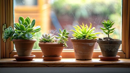 Fototapeta na wymiar potted succulents adorning a window sill, bringing greenery indoors. Perfect plant decor