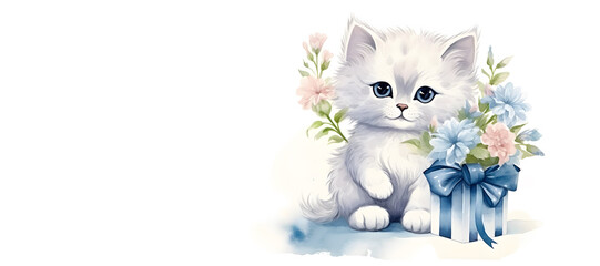 A charming white kitten sits next to a bouquet of flowers on a white background,a place for text,a watercolor illustration, a concept for advertising pet products, greeting cards and festive design