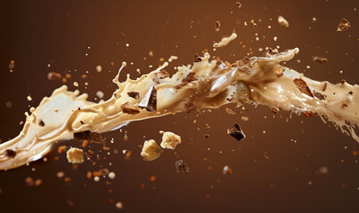 Dynamic splash of milk and chocolate chunks captured mid-air - obrazy, fototapety, plakaty
