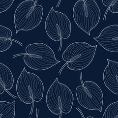 Anthurium flowers seamless pattern. Tropical floral background with anthurium flowers for wallpaper, fabrics pattern, surface design, wrapping paper. Blue repeating texture. Vector illustration