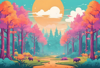 A colorful landscape with trees and a sunset,  Illustration of a misty summer woodland Ornamental backdrop Generative ai - obrazy, fototapety, plakaty