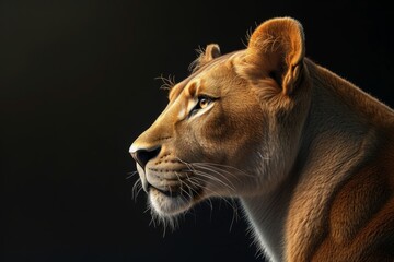 Portrait of a lioness in profile on a black background