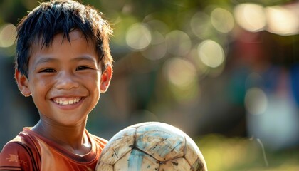 Naklejka premium Joyful boy with a soccer ball outdoors