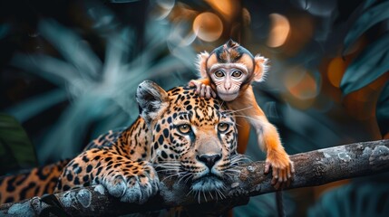 Panther and monkey s captivating encounter in a lush jungle, depicting diverse animal relationships
