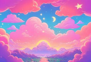 Fototapeta na wymiar Kawaii Fantasy Pastel Colorful Sky with Clouds and Stars Background illustrations Generative ai