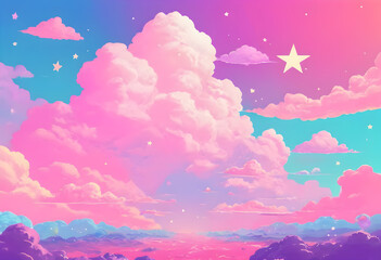 A pink clouds and a blue sky and Stars Kawaii Fantasy Pastel Background illustrations Generative ai