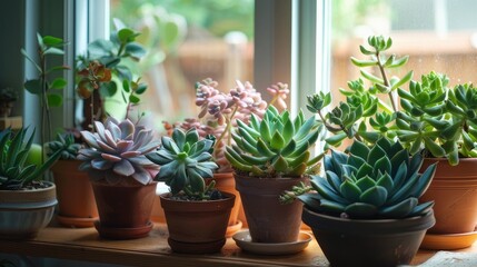 Fototapeta na wymiar potted succulents adorning a window sill, bringing greenery indoors. Perfect plant decor