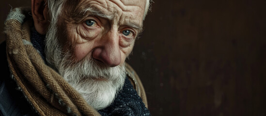 A man with a beard and white hair is wearing a scarf and looking at the camera. He is a bit tired or sad. a handsome male model, old, mature, with wrinkles in a black background.