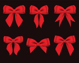 Realistic set decorative red bow made of shiny satin ribbon. Vector bow for page decor isolated on black background