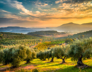 peaceful agricultural landscape, featuring an olive grove illuminated by sunlight, highlighting the...