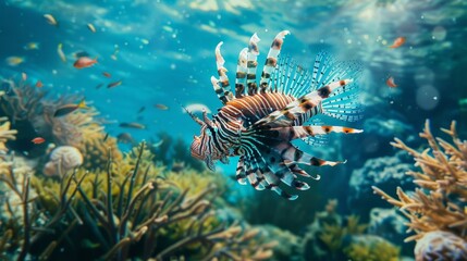 Naklejka na ściany i meble A lionfish gracefully navigates through a vibrant coral reef teeming with marine life.