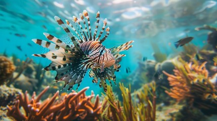 Naklejka na ściany i meble A lionfish gracefully navigates through a vibrant coral reef, its distinct striped fins cutting through the water.