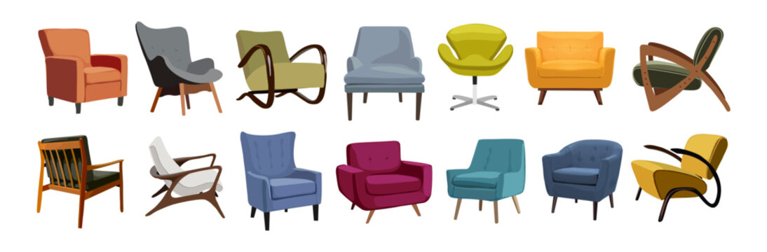 Set of different vintage mid century modern armchairs. Comfortable soft furniture different colors, shapes and viewing angle back, front and side. Vector realistic illustration isolated.