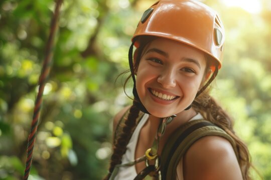 Happy female adventurer with helmet gearing up for zip-line activity in a lush forest