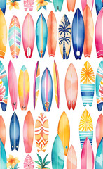 watercolor illustration, Seamless bright pattern with surfboards for design, outdoor activity concept, seamless smartphone wallpaper,
