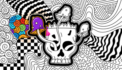 Coloring page for adults. Groovy scull and checkerboard. Zentangle psychedelic braincase.
