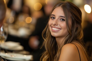 Cheerful young lady enjoys a sophisticated social affair, captured in a warm ambiance