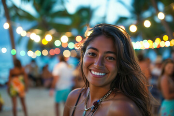 Vibrant and carefree summer beach party joy with diverse multicultural crowd enjoying festive twilight celebration by the warm tropical coast. As women smile and relax in the blurred evening lights - Powered by Adobe