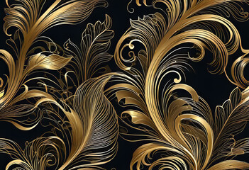 Vector illustration, ornament of golden smooth wavy lines in art deco style, luxury floral design,