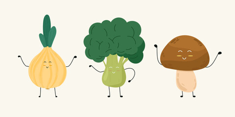 Happy cartoon onion, broccoli, mushroom set on isolated background. Cute cartoon vegetables in flat style. For characters of children's cartoons, comics, prints.