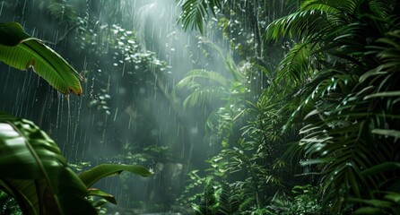 Rain pours down from the sky onto lush green jungle foliage in a tropical forest setting. - obrazy, fototapety, plakaty