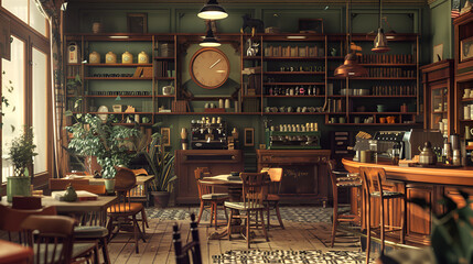 Building with hardwood facade, tables and chairs, wall clock in city room