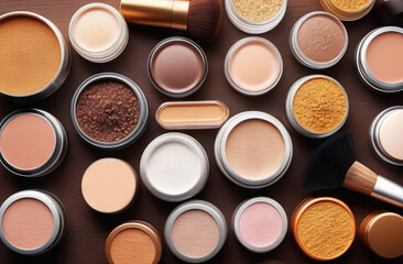 Set of different cosmetic product for make up. Bottles cream or serum on wooden background. Blank packaging Mockup.  Natural eco friendly beauty product concept.