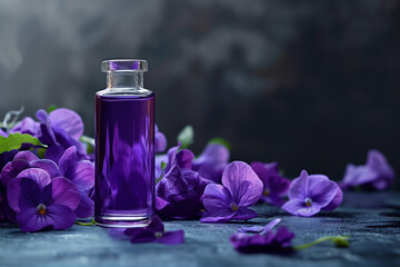 Obraz na płótnie Canvas Elegant purple fragrance bottle with viola flowers