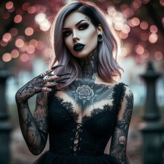 Portrait of a goth girl with black hair and many tattoos