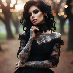 Portrait of a goth girl with black hair and many tattoos