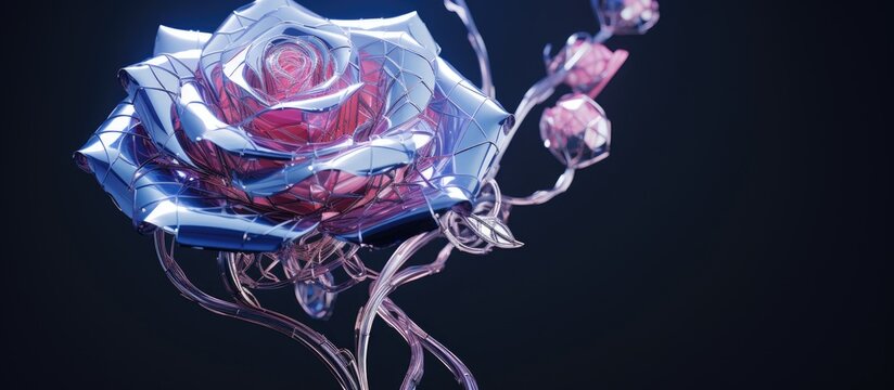 An artistic necklace featuring a roseshaped pendant in vibrant purple hues against a sleek black backdrop. The intricate details of the flowers petals make it a stunning piece of wearable art