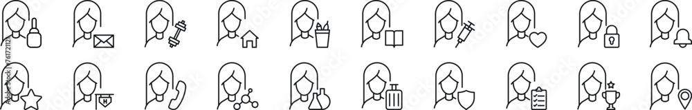 Poster bundle of linear symbols of female user by items. editable stroke. linear symbol for web sites, news