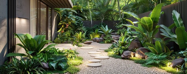 Jungle courtyard garden evergreen - obrazy, fototapety, plakaty