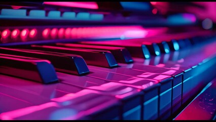 Neon Lights Reflect Off Piano Keys, Creating Vibrant Music Scene Ambiance