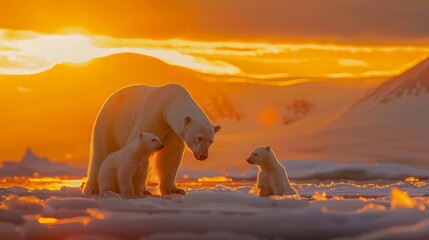 A mother polar bear and her two cubs stand in the snow, showcasing the bond and care between them in their natural icy habitat.