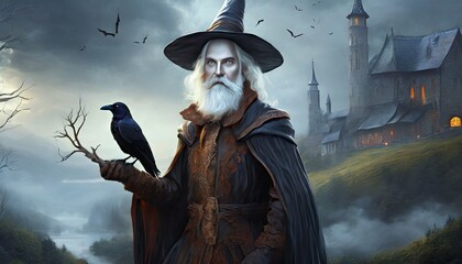 Obraz premium halloween scene witch with raven