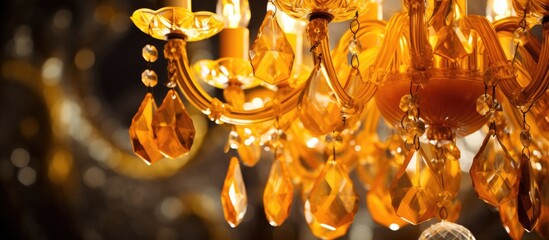 A closeup of an Amber chandelier hanging from the ceiling, showcasing intricate metalwork and stunning jewellerylike details. A beautiful piece of art perfect for any fashion accessory event