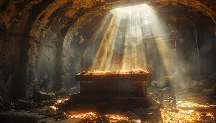 The image shows the empty tomb of Jesus Christ and crucifixions in the rays of the sun, representing the resurrection and hope of salvation. It is a powerful depiction of the Easter story. - obrazy, fototapety, plakaty