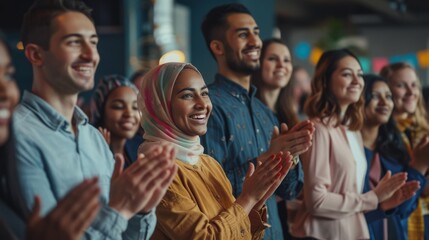 Obraz premium Group of people applauding at casual gathering. celebration or appreciation during an indoor event.