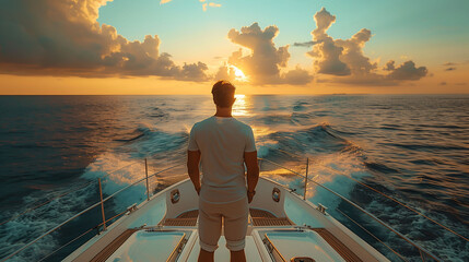 Man Enjoying Sunrise on Yacht Deck